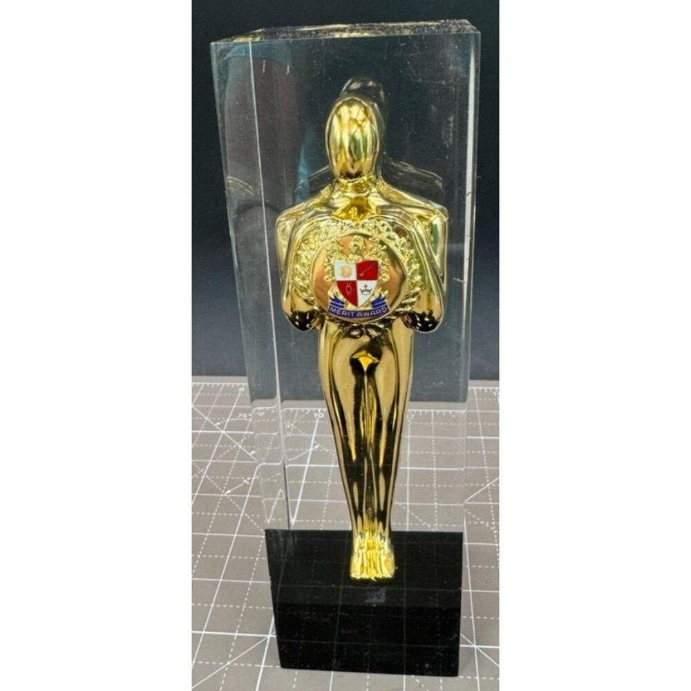 Vintage Merit Award Gold Man Statue Encased in Lucite 8"